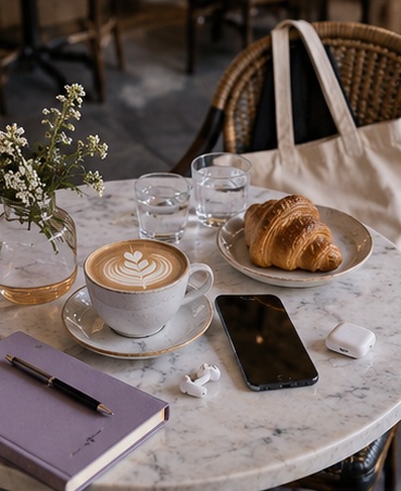 A cafe table with a latte, notebook and phone.