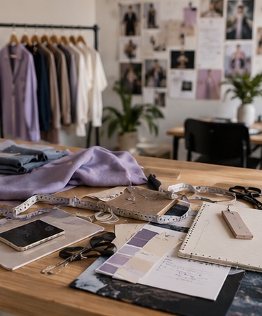 A fashion studio with a clothing rail, moodboard and worktable.