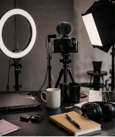 A content setup with a ring light, camera and softbox.