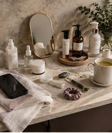 A vanity with skincare bottles, a mirror and a jade roller.