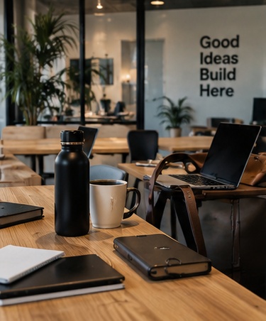 A shared coworking table with laptops and notebooks.