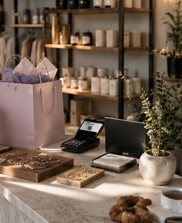 A retail pop-up counter with a card reader, shopping bag and product displays.