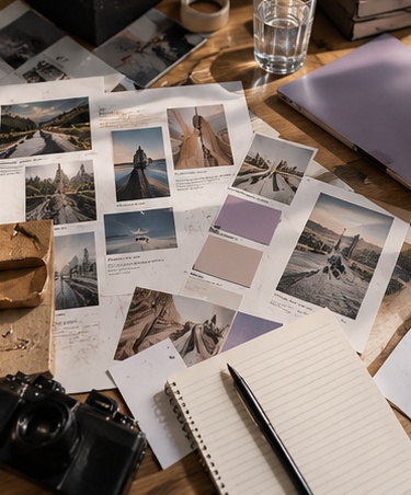 A table of printed photos, colour swatches and a notebook.